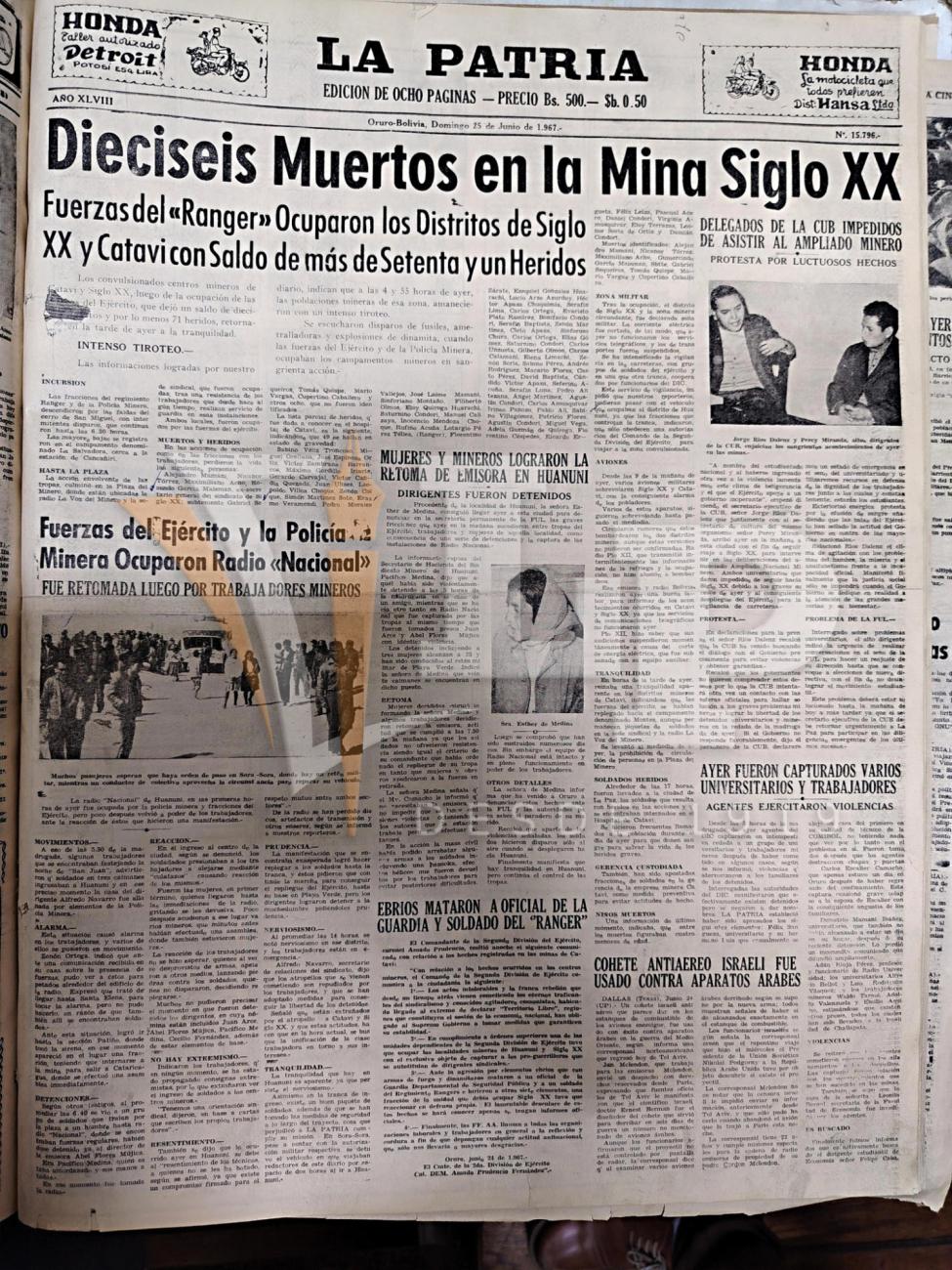 Portada del periódico LA PATRIA del 25 de junio de 1967