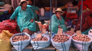 Fotografía de archivo fechada el 30 de mayo de 2026 que muestra a personas ofreciendo sus productos en un mercado en La Paz (Bolivia)