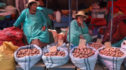 Fotografía de archivo fechada el 30 de mayo de 2026 que muestra a personas ofreciendo sus productos en un mercado en La Paz (Bolivia)
