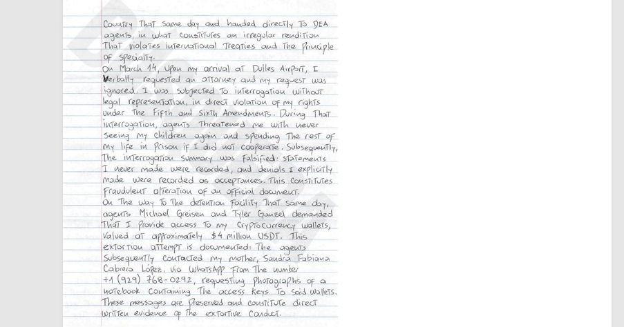 Carta escrita por Marset desde su enciero en Estados Unidos