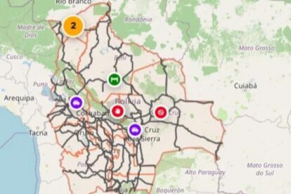 Mapa de bolivia que señana puntos de bloqueos u otros problemas