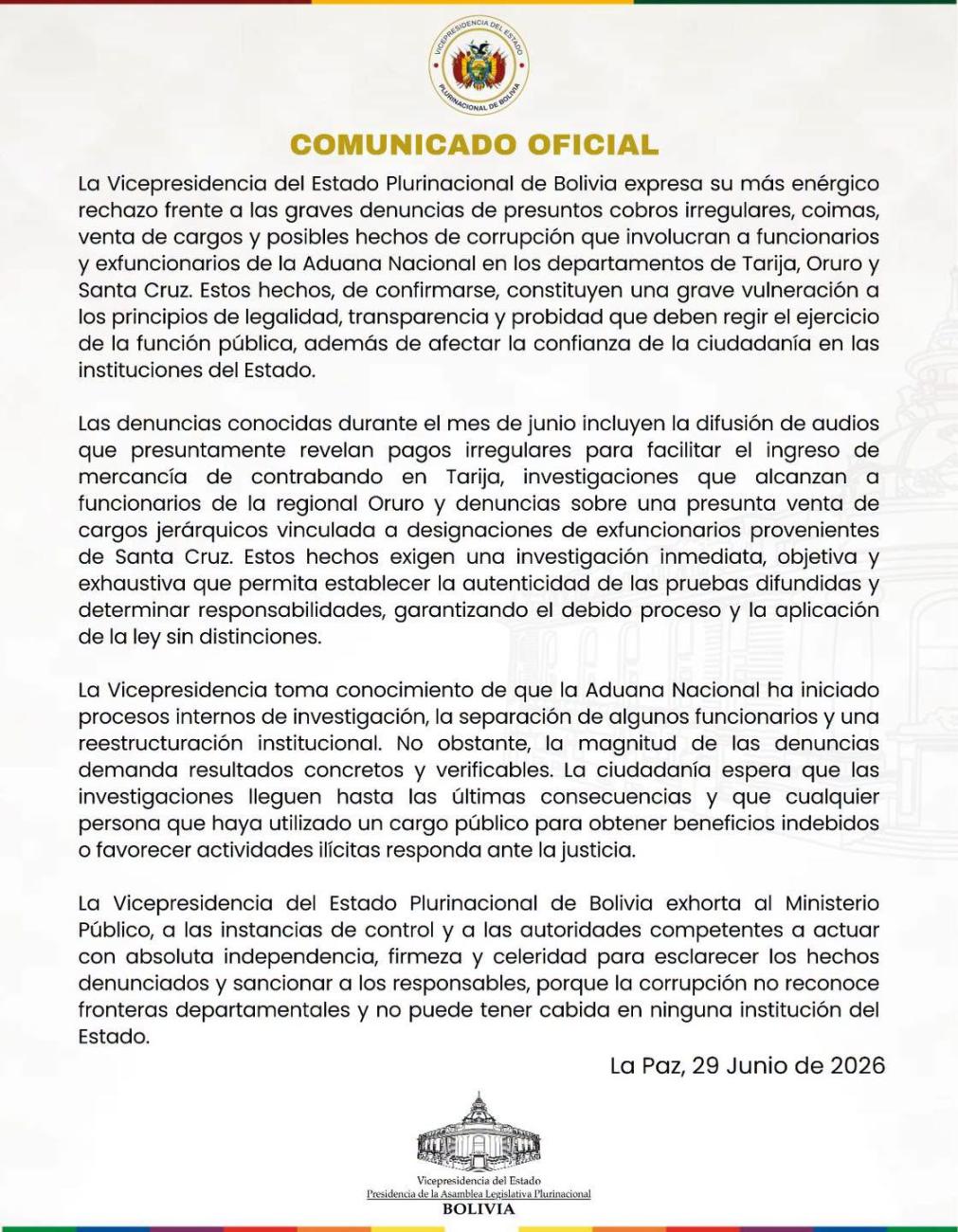 La Vicepresidencia del Estado Plurinacional de Bolivia emite un comunicado oficial