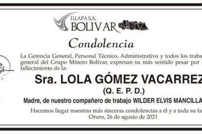 Condolencia por el fallecimiento de Lola Gómez Vacarreza