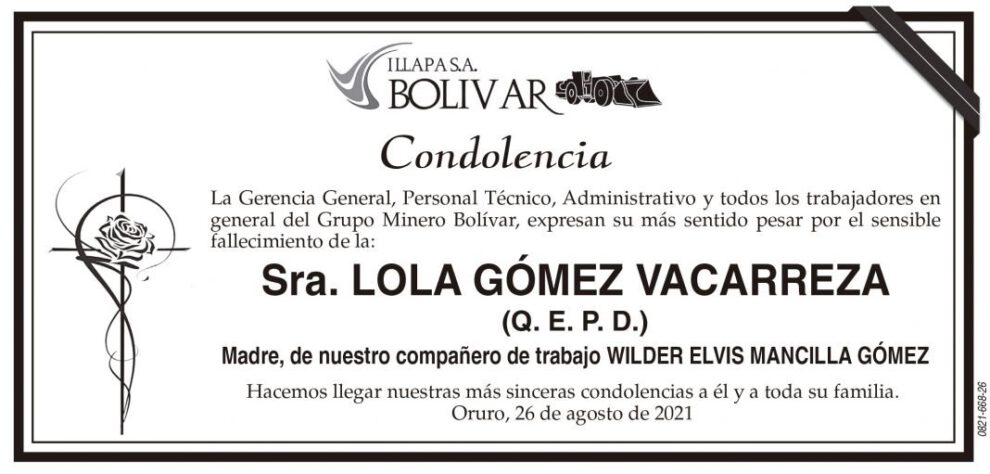 Condolencia por el fallecimiento de Lola Gómez Vacarreza