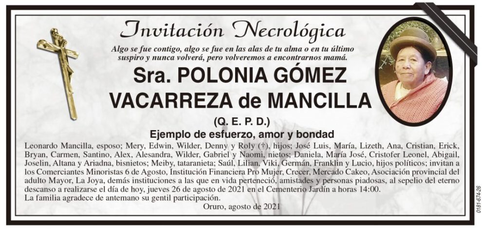 Invitación Necrológica de Polonia Gómez Vacarreza