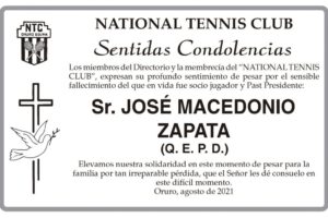 Condolencias por el fallecimiento de José Macedonio Zapata