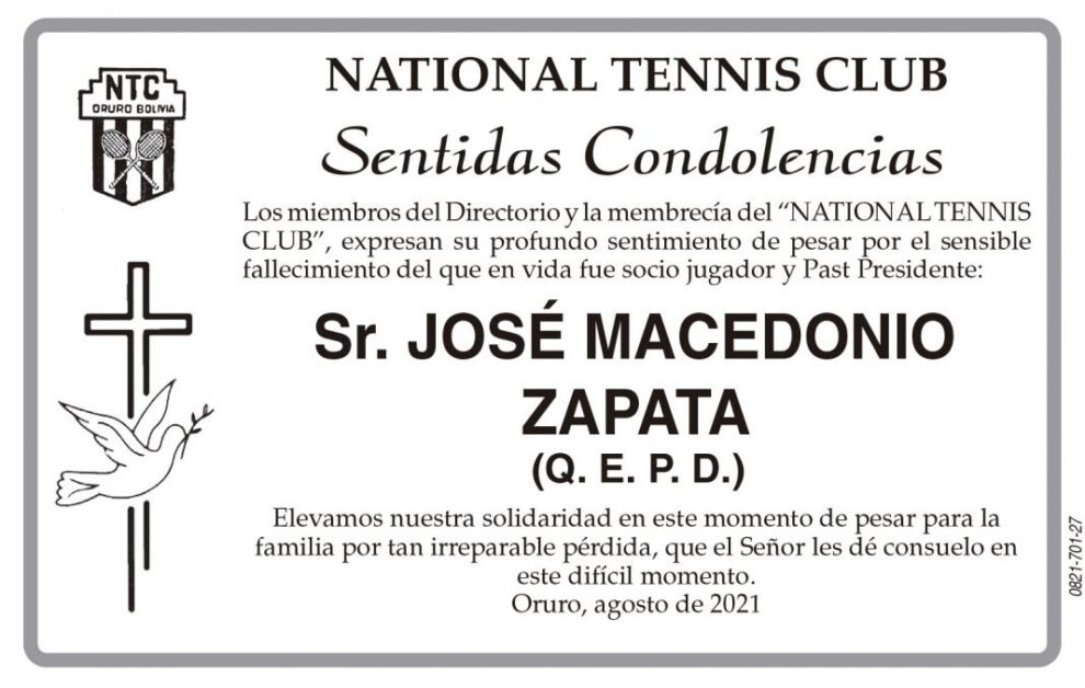 Condolencias por el fallecimiento de José Macedonio Zapata