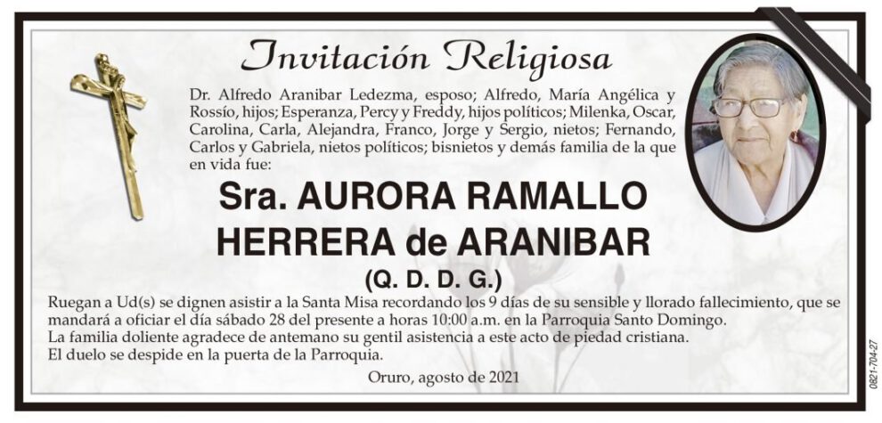 Invitación Religiosa para Aurora Ramallo Herrera