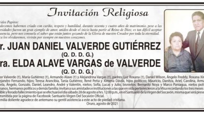 Invitación Religiosa para Juan Daniel Valverde Gutiérrez y Elda Alave Vargas