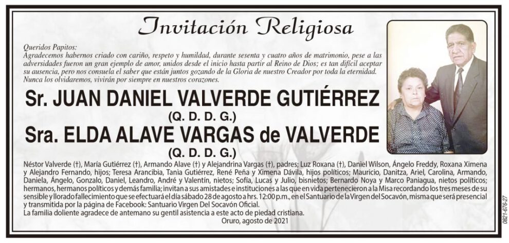 Invitación Religiosa para Juan Daniel Valverde Gutiérrez y Elda Alave Vargas