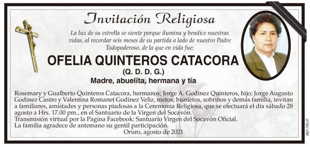 Invitación Religiosa en memoria de Ofelia Quinteros Catacora
