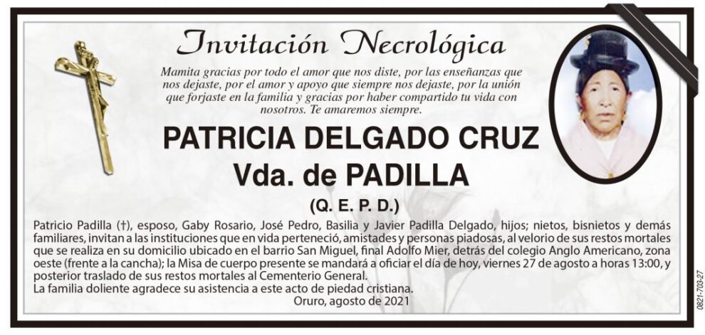 Invitación Necrológica de Patricia Delgado Cruz