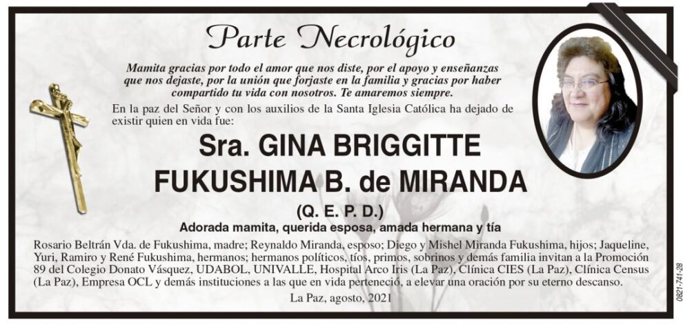 Parte Necrológico de Sra. Gina Briggitte Fukushima B. de Miranda