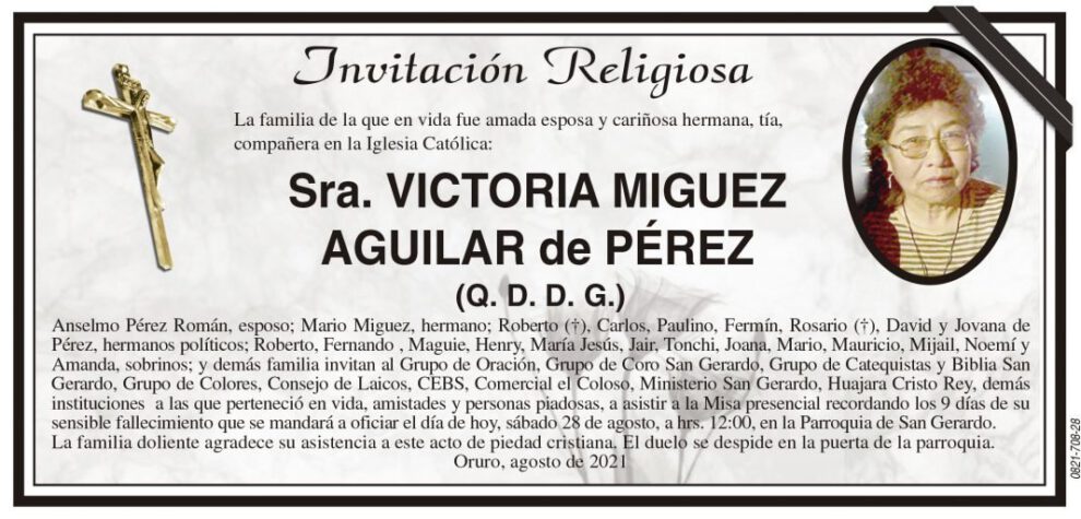 Invitación Religiosa para recordar a Victoria Miguez Aguilar