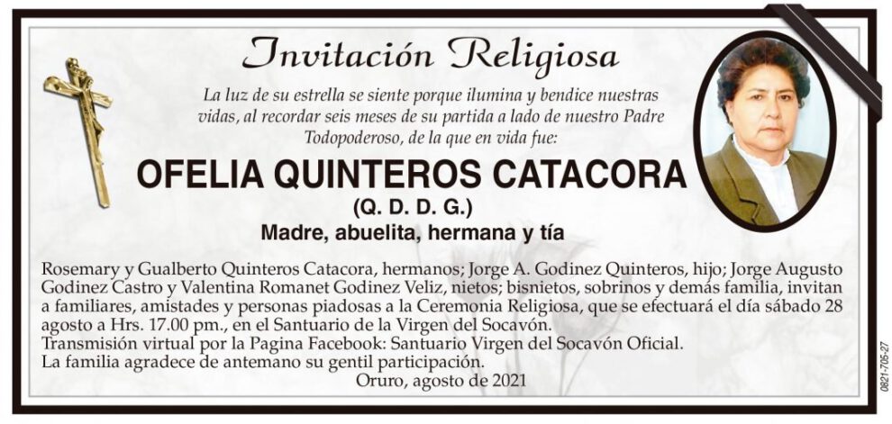 Invitación religiosa en memoria de Ofelia Quinteros Catacora
