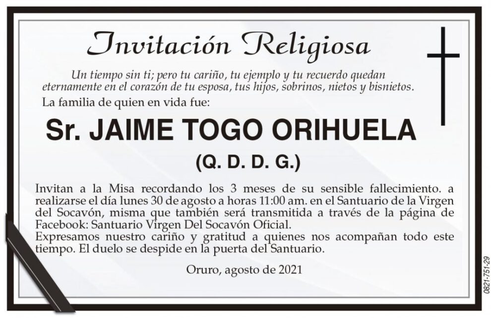 Invitación Religiosa: Jaime Togo Orihuela
