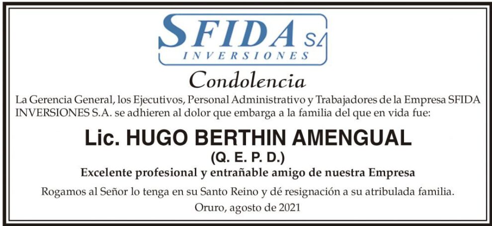 Condolencia por Lic. Hugo Berthin Amengual