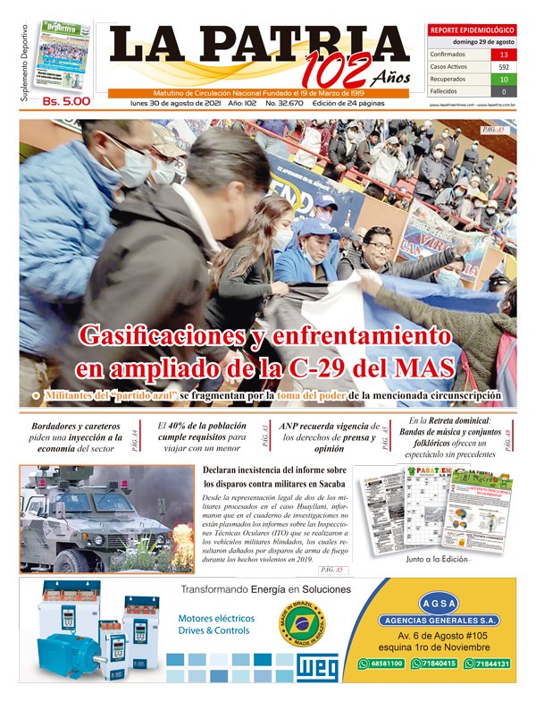 Edición impresa La Patria del 30 de agosto de 2021