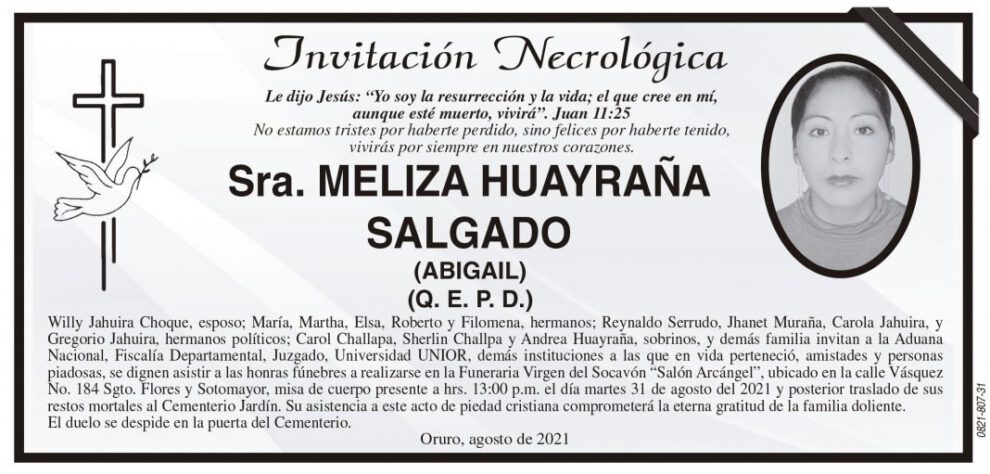 Necrológica Meliza Huayraña Salgado