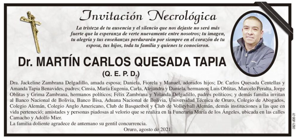 Invitación Necrológica: Dr. MARTÍN CARLOS QUESADA TAPIA