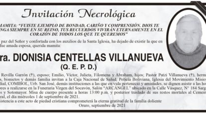 Invitación Necrológica para Dionisia Centellas Villanueva