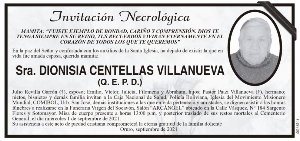 Invitación Necrológica para Dionisia Centellas Villanueva