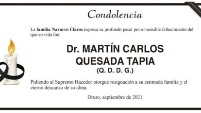 Condolencia por el fallecimiento del Dr. Martín Carlos Quesada Tapia