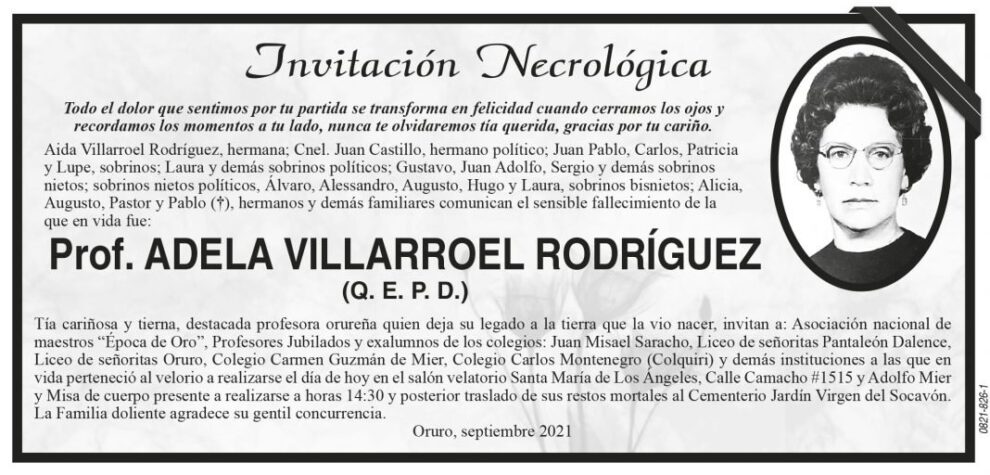 Necrológica de Prof. Adela Villarroel Rodríguez