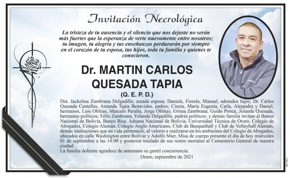 Invitación Necrológica Dr. Martin Carlos Quesada Tapia