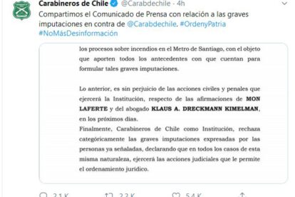 Comunicado de Carabineros de Chile sobre Mon Laferte