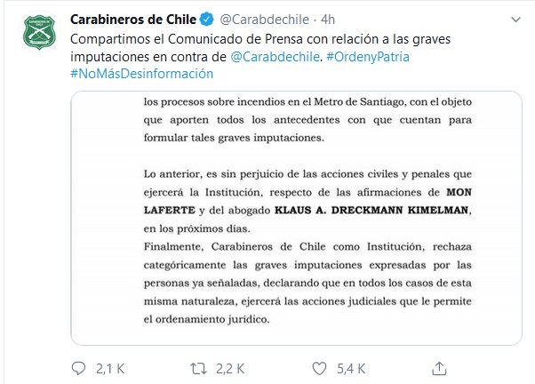 Comunicado de Carabineros de Chile sobre Mon Laferte