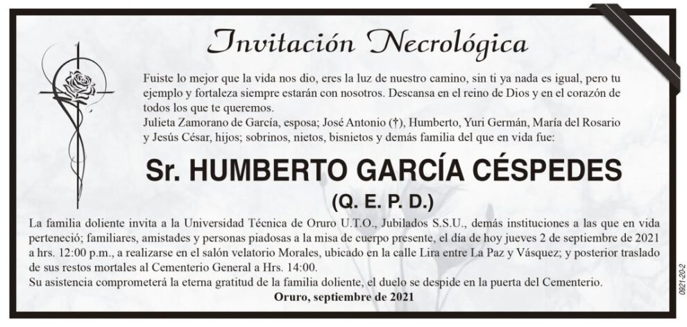 Invitación Necrológica para Humberto García Céspedes