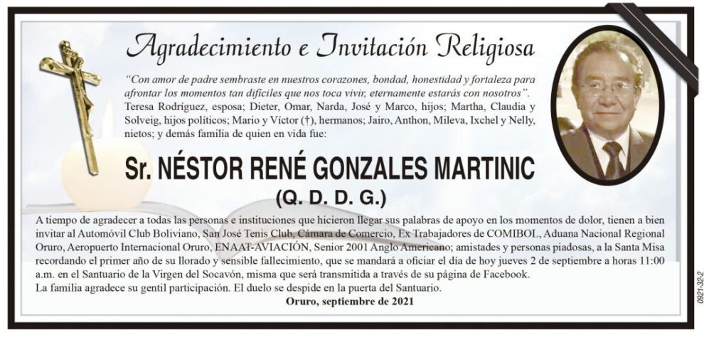 Agradecimiento e Invitación Religiosa: Néstor René Gonzales Martinic