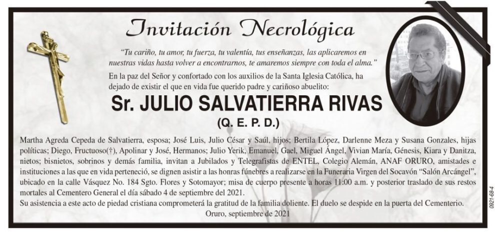 Invitación Necrológica para Julio Salvatierra Rivas