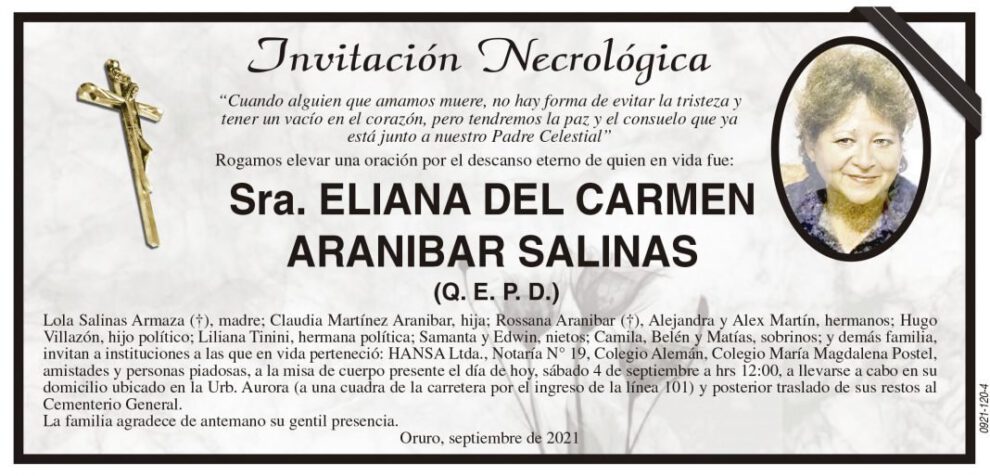 Invitación Necrológica de Eliana del Carmen Aranibar Salinas