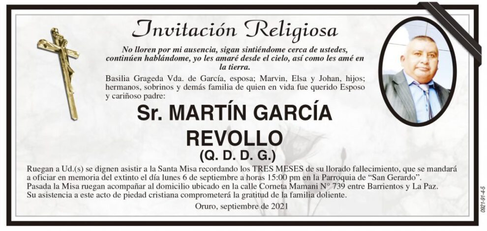 Invitación Religiosa en memoria de Martín García Revollo