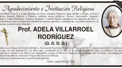 Agradecimiento e Invitación Religiosa: Prof. Adela Villarroel Rodríguez
