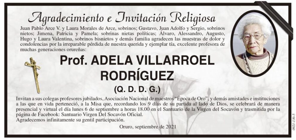 Agradecimiento e Invitación Religiosa: Prof. Adela Villarroel Rodríguez