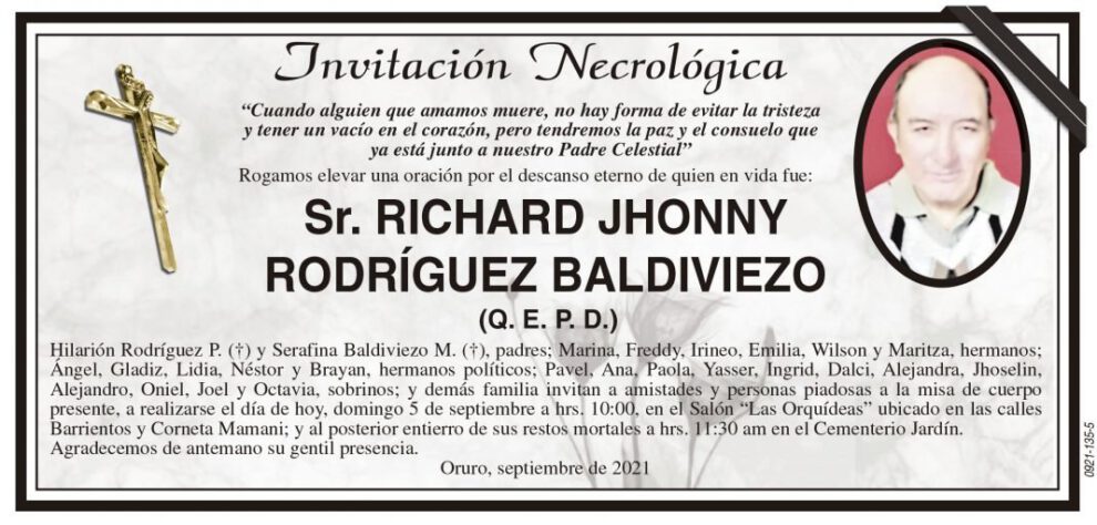 Invitación Necrológica: Richard Jhonny Rodríguez Baldiviezo