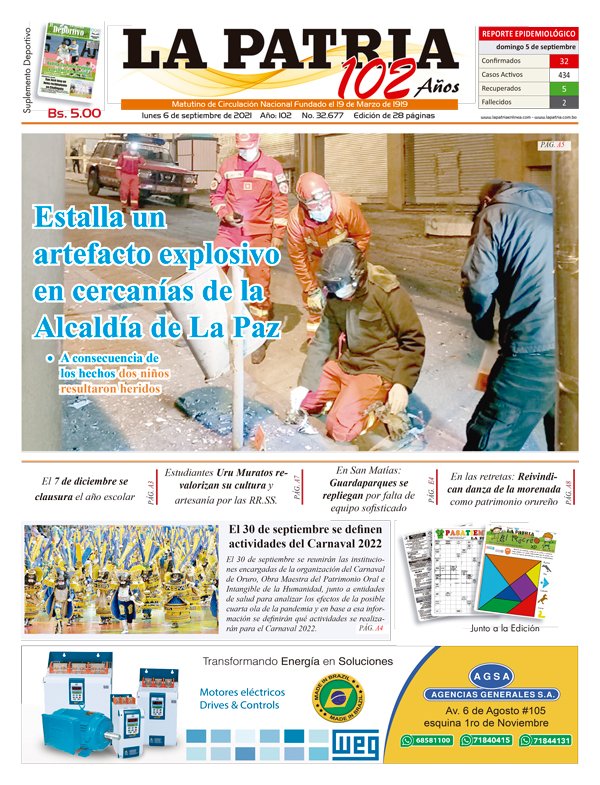 Edición impresa La Patria del 6 de septiembre de 2021