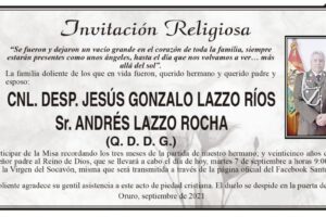 Invitación Religiosa para la Misa recordando a CNL. Desp. Jesús Gonzalo Lazzo Ríos y Sr. Andrés Lazzo Rocha