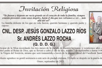 Invitación Religiosa para la Misa recordando a CNL. Desp. Jesús Gonzalo Lazzo Ríos y Sr. Andrés Lazzo Rocha