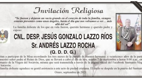 Invitación Religiosa para la Misa recordando a CNL. Desp. Jesús Gonzalo Lazzo Ríos y Sr. Andrés Lazzo Rocha