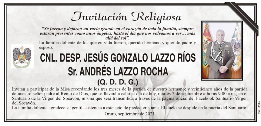 Invitación Religiosa para la Misa recordando a CNL. Desp. Jesús Gonzalo Lazzo Ríos y Sr. Andrés Lazzo Rocha