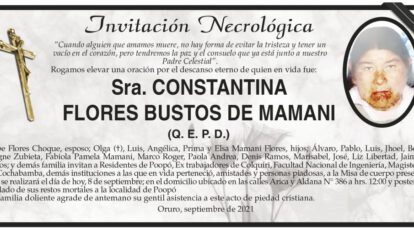 Invitación Necrológica: Sra. Constantina Flores Bustos de Mamani