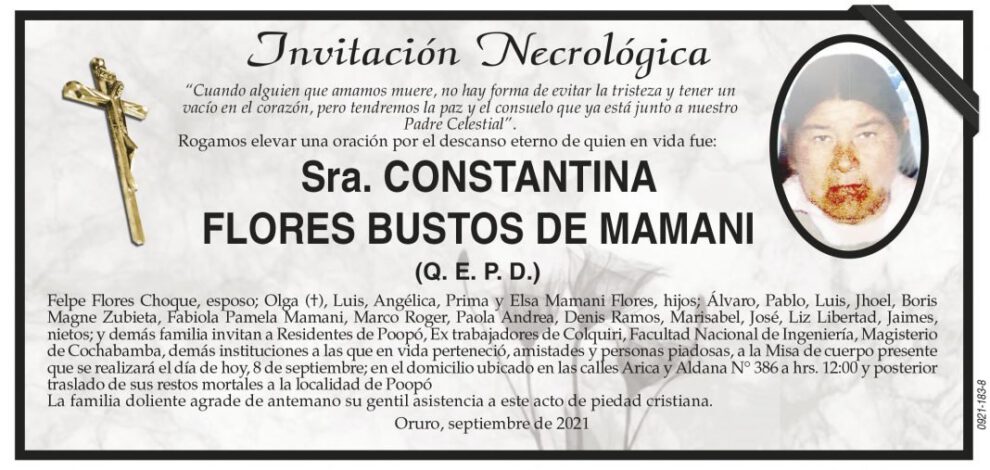 Invitación Necrológica: Sra. Constantina Flores Bustos de Mamani