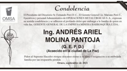 Condolencia por Ing. Andrés Ariel Molina Pantoja