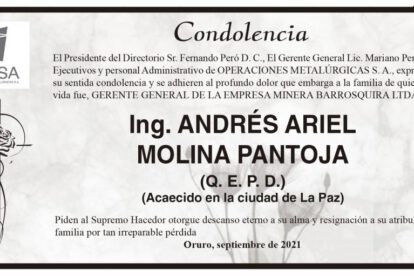 Condolencia por Ing. Andrés Ariel Molina Pantoja