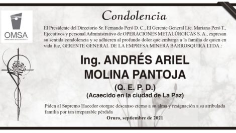 Condolencia por Ing. Andrés Ariel Molina Pantoja