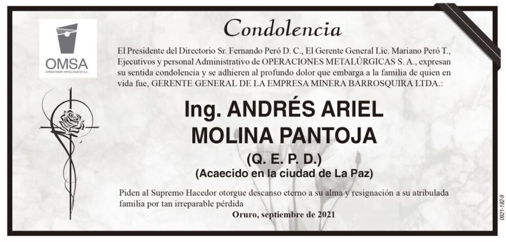 Condolencia por Ing. Andrés Ariel Molina Pantoja